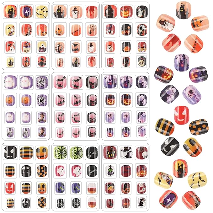 108Pcs Halloween Fake Press on Nails for Kids, Acrylic Full Cover False Press on Nails Girls Stick on Nails for Kids Children Halloween Birthday Party Favors Gift Nail Art Decoration(9 Pack)