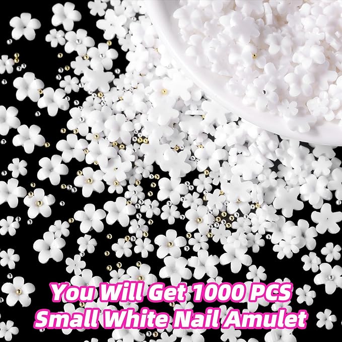 1000 Pcs White Flowers Nail Charms, Small Flower Charms for Nails, Mixed Spring Tiny Flowers Acrylic Nail Charm with Metal Golden Beads for Nails Art DIY Jewels Accessories