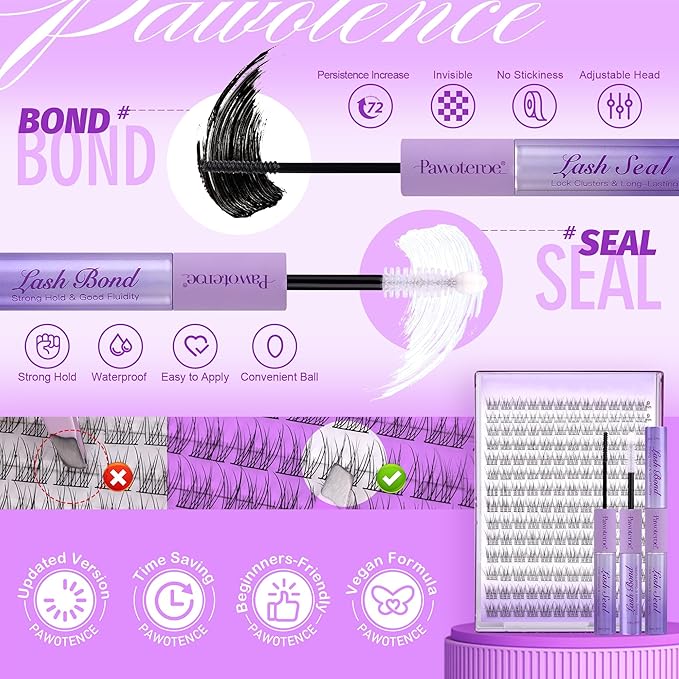 Pawotence Lash Extension Kit Wispy Lash Clusters Kit 9-12mm Natural Individual Lashes Kit 168pcs Cluster Eyelash Extension Kit with Lash Bond and Seal, Lash Applicator for Self Use