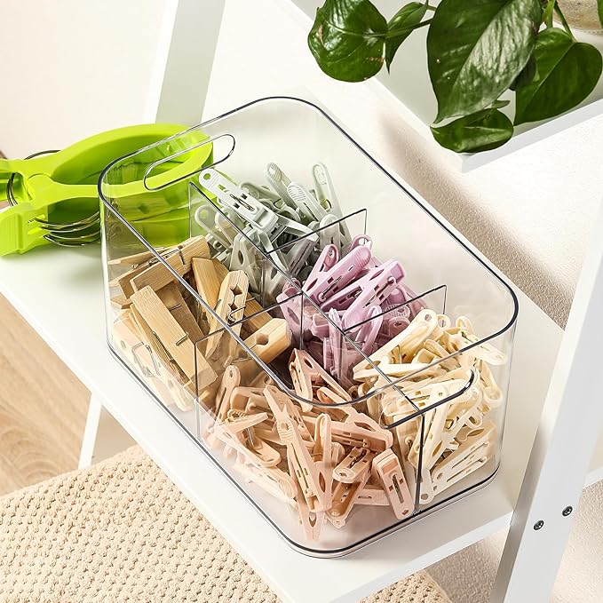 2 Pack, 5-Compartment Clear Plastic Bin - Divided Art Supplies, Cosmetic Makeup Caddy Organizer - Multiuse Storage Container for Vanity, Bathroom, Kitchen, Office, Craft, Shower, Cleaning Items