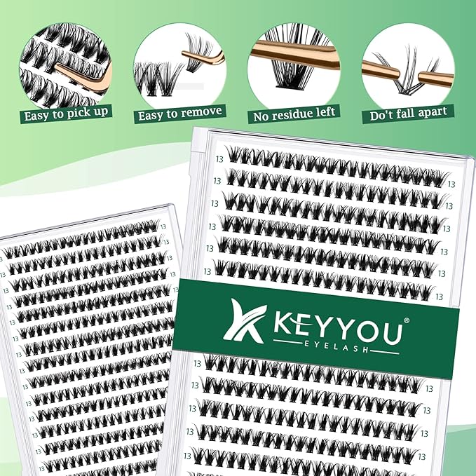 Lash Clusters 300pcs Individual Lashes 40D 0.07D Curl 13mm DIY Eyelash Extension KEYYOU Large Tray Volume Soft&Natural Eyelash Clusters(40D-0.07D,13)