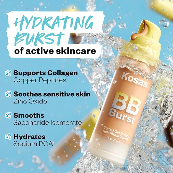 Kosas BB Burst Tinted Face Gel Cream - Supports Healthy Collagen, Smoothes Skin, Hydrates & Moisturizes - Lightweight Buildable Coverage - Very Light Neutral 10, Natural Finish (1 Oz/30 ML)