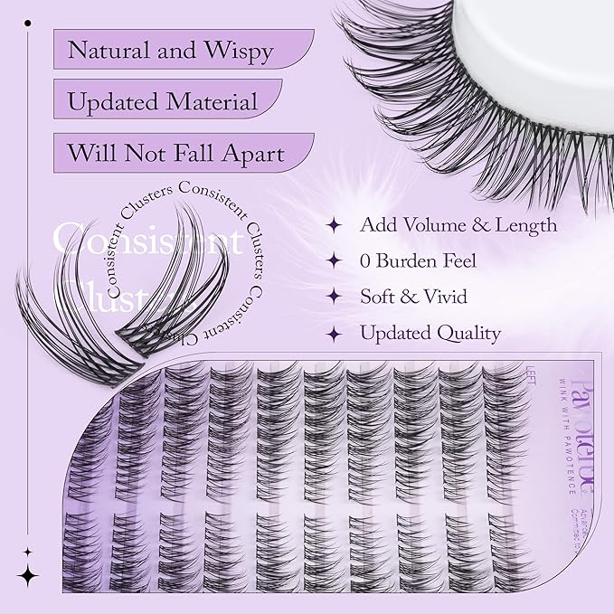 Pawotence Wispy Lash Clusters Kit Cat Eye Lash Extension Kit 180pcs Natural Individual Lashes Left Right Cluster Eyelash Extensions Kit with Lash Bond and Seal, Lash Tweezers for Self Application