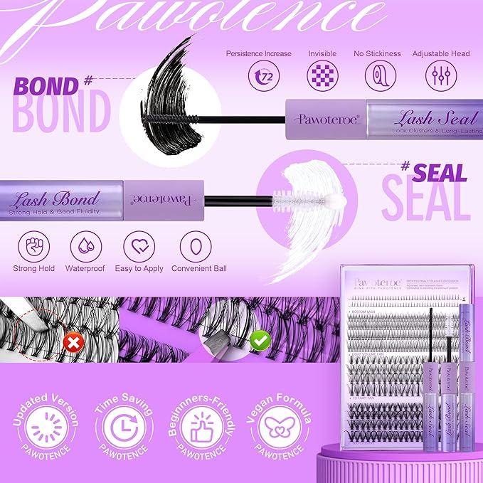 Pawotence Lash Extension Kit Lash Clusters Multi-types Individual Lashes Natural Bottom, Light Volume, 20D 30D Clusters Eyelash Extension Kit with Lash Bond and Seal, Lash Applicator for Self Use