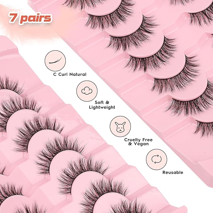 Natural Lashes False Eyelashes Wispy 16mm Fluffy Eyelash C Curl Weightless Lash Pack 0.1MM Thin Band 3D Volume Soft Lashes Siligli 7 Pair
