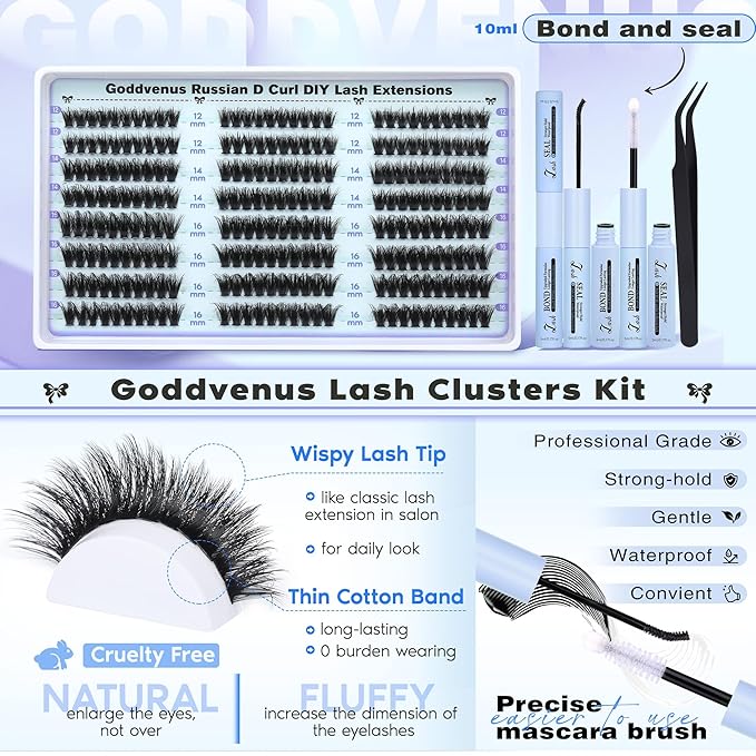 Lash Clusters Kit Wispy Lashes clusters Natural Fluffy Eyelashes Clusters 12mm 14mm 16mm Mixed Cluster Eyelash Extensions Kit D Curl DIY Individual Lashes Kit with Bond and Seal Lash Glue