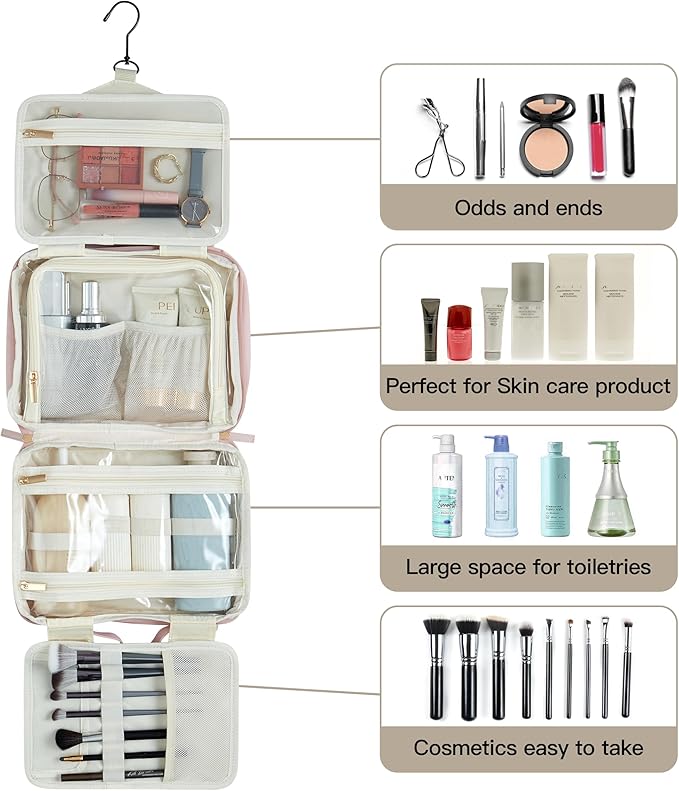 Toiletry Bag, Travel Bag for Women & Men, Portable Cosmetic Bag with Hanging Hook, Durable, Waterproof for Shampoo, Makeup, Essentials, Toiletries Acessories (Beige)