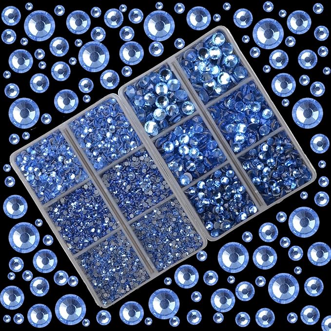 10000Pcs 2-Boxes Mixed Size Hot Fix Round Crystals Gems Glass Stones Hotfix Flat Back Rhinestones with Tweezers and Picking Pencil (Light Blue)