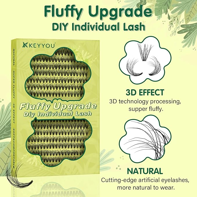 Lash Clusters 3D Effect Individual Lashes KEYYOU 300pcs 30D D Curl 12mm Eyelash Clusters Wispy Lashes Fluffy Cluster Lashes Natural Soft DIY Lash Extension(3D-30D-D-12)
