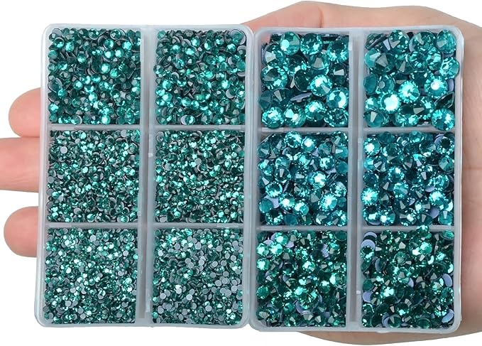 10000Pcs 2-Boxes Mixed Size Hot Fix Round Crystals Gems Glass Stones Hotfix Flat Back Rhinestones with Tweezers and Picking Pencil (Blue Zircon)
