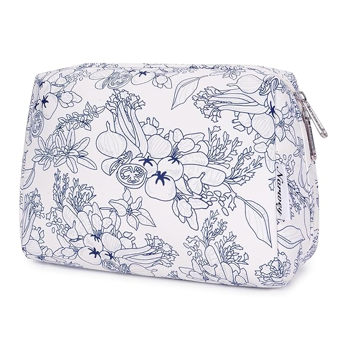 Narwey Cute Floral Makeup Bag Travel Cosmetic Bag Organizer Toiletry Bag Make Up Bags with Organized Pocket for Women Girls (Large,Navy Blue Flower)