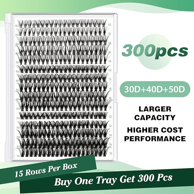 Lash Clusters 300pcs Individual Lashes 30D+40D+50D 0.07C Curl 10-18MIX DIY Eyelash Extension KEYYOU Large Tray Volume Soft&Natural Eyelash Clusters(30D+40D+50D-0.07C,10-18MIX), 9-18MIX