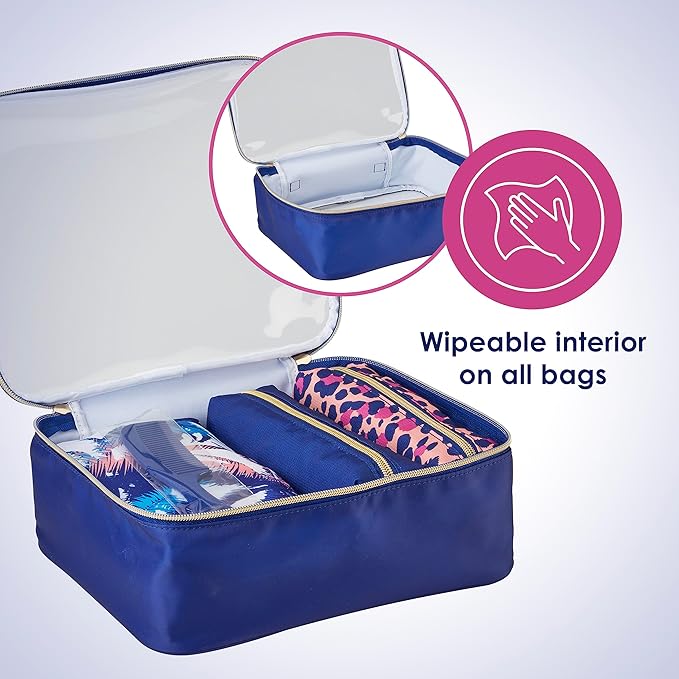 Conair 5 Piece Toiletry and Cosmetic Bag Set Under $30, Includes 4 Makeup Bags and 1 Travel Comb in Blue Palm Prints