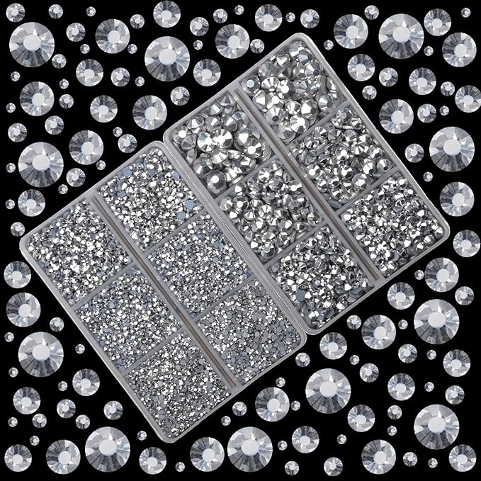 10000Pcs 2-Boxes Mixed Size Hot Fix Round Crystals Gems Glass Stones Hotfix Flat Back Rhinestones with Tweezers and Picking Pencil (Labrador Silver)