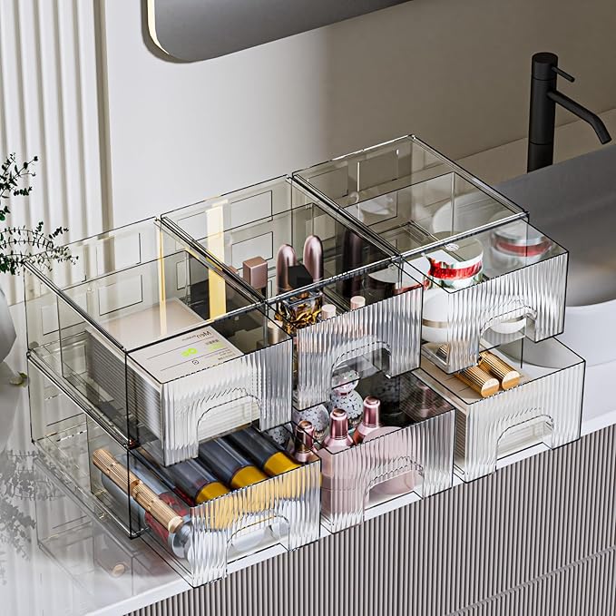 ZHIAI 6 Pack Clear Stackable Storage Drawer, Acrylic Drawer, Cosmetic Organizer, Plastic Organizer for Dresser, Under, Kitchen Cabinet, Pantry, Home Organization and Storage