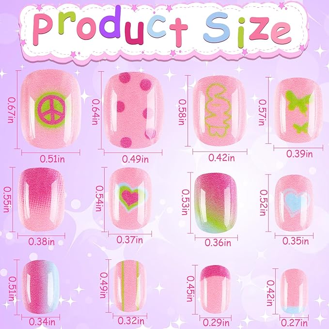 108Pcs Fake Press on Nails for Kids,Acrylic Full Cover False Press on Nails Girls Stick on Nails for Kids Children Birthday Party Favors Gift Nail Art Decoration(9 Pack Cute Style)