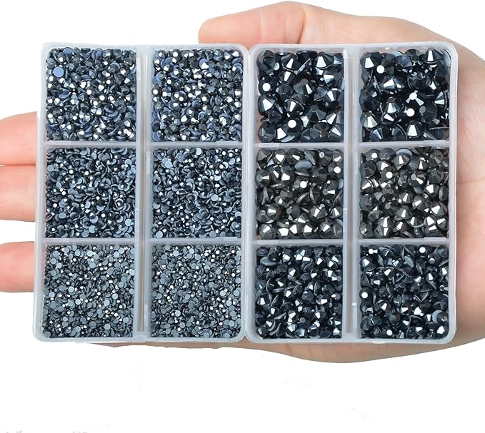 10000Pcs 2-Boxes Mixed Size Hot Fix Round Crystals Gems Glass Stones Hotfix Flat Back Rhinestones with Tweezers and Picking Pencil (Hematite Black)