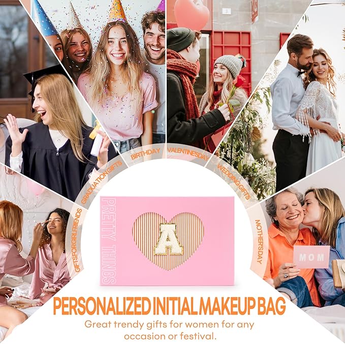 2 PCS Initial Makeup Bags for Women: Cosmetic Bag for Travel Toiletry - Birthday Gifts for 11 12 13 14 15 16 17 18 Years Old Girl Graduation Teacher Gift- Teen Girl Gifts Trendy Stuff - Orange A