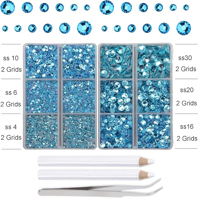 10000Pcs 2-Boxes Mixed Size Hot Fix Round Crystals Gems Glass Stones Hotfix Flat Back Rhinestones with Tweezers and Picking Pencil (Aquamarine)