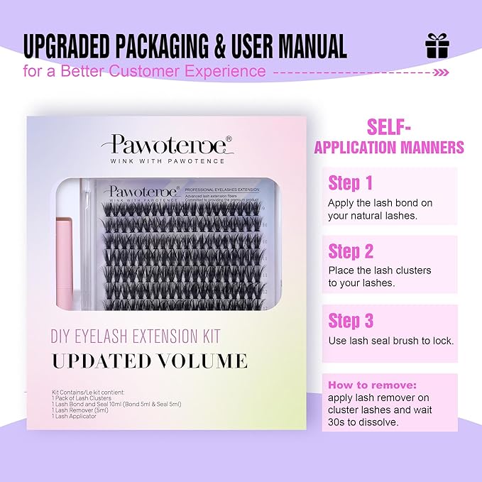 Pawotence Lash Extension Kit DIY 280pcs Individual Lash Clusters Kit 9-16mm 40D Cluster Eyelash Extension Kit with Lash Bond and Seal, Lash Remover, Lash Tweezers for Self Use (40D, 9-16mm, All Kit)