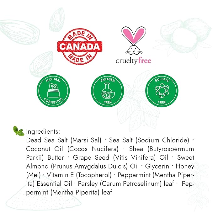 Premium Taza Peppermint Dead Sea Salt Scrub, 473 ml 24 oz (670 g) Exfoliates Your Skin Leaving it Soft and Hydrated Contains: Coconut Oil, Shea Butter, Grapeseed Oil, Sweet Almond Oil, 26 Minerals