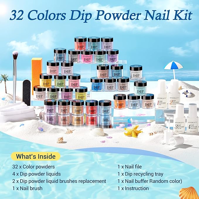 AZUREBEAUTY 42Pcs Dip Powder Nail Kit Starter - Going Summer, 32 Colors Blue Lilac Purple Pink Green Acrylic Nail Dipping Powder Set with Top/Base Coat Activator &Tray for French Art Manicure DIY Home