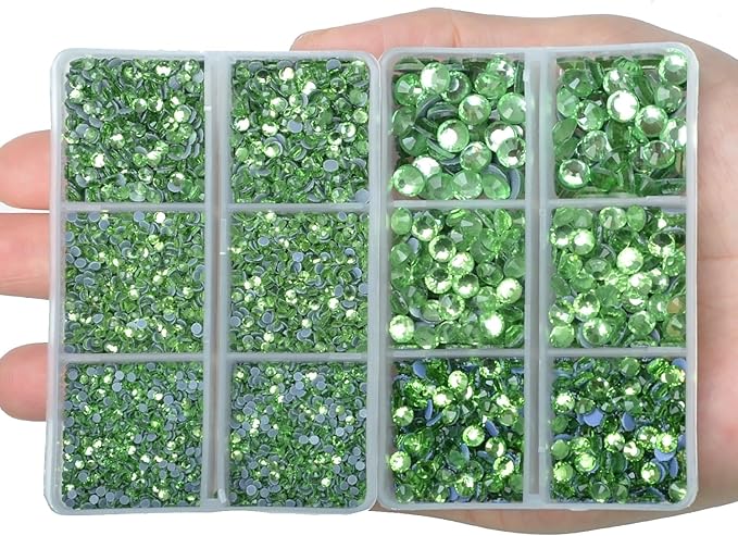 10000Pcs 2-Boxes Mixed Size Hot Fix Round Crystals Gems Glass Stones Hotfix Flat Back Rhinestones with Tweezers and Picking Pencil (Peridot)