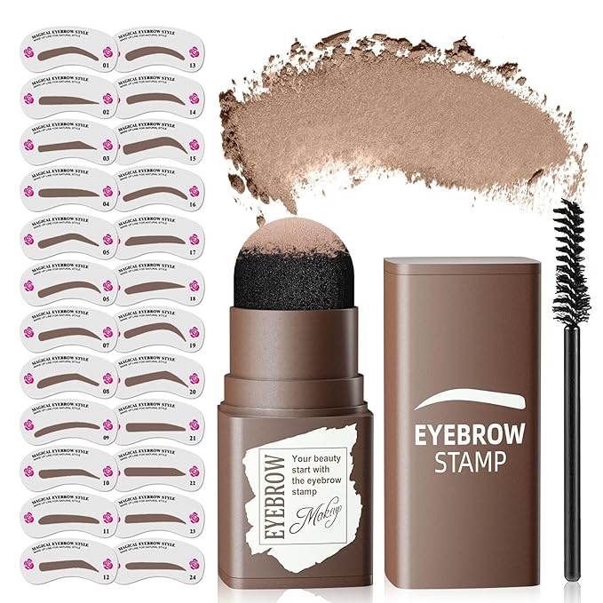 Eyebrow Stamp Stencil Kit - Long-Lasting Eyebrow Powder with Blush, Waterproof & Smudge-Proof Brow Shaping Kit with 24 Reusable Thin & Thick Eyebrow Stencils for Voluminous Brow (Light Brown)