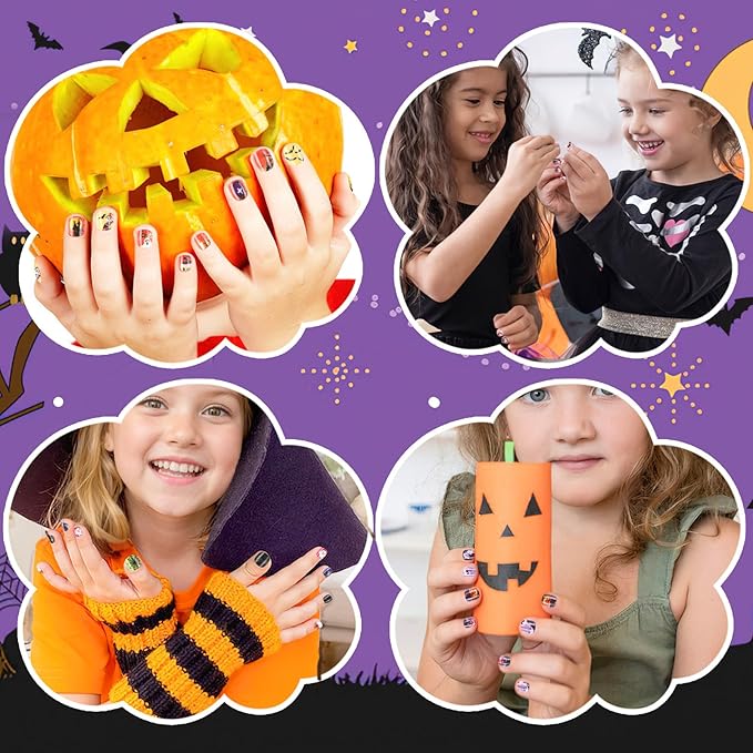 108Pcs Halloween Fake Press on Nails for Kids, Acrylic Full Cover False Press on Nails Girls Stick on Nails for Kids Children Halloween Birthday Party Favors Gift Nail Art Decoration(9 Pack)
