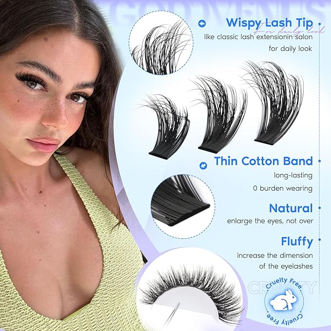 Lash Clusters Kit Wispy Lashes clusters Natural Fluffy Eyelashes Clusters 12mm 14mm 16mm Mixed Cluster Eyelash Extensions Kit D Curl DIY Individual Lashes Kit with Bond and Seal Lash Glue