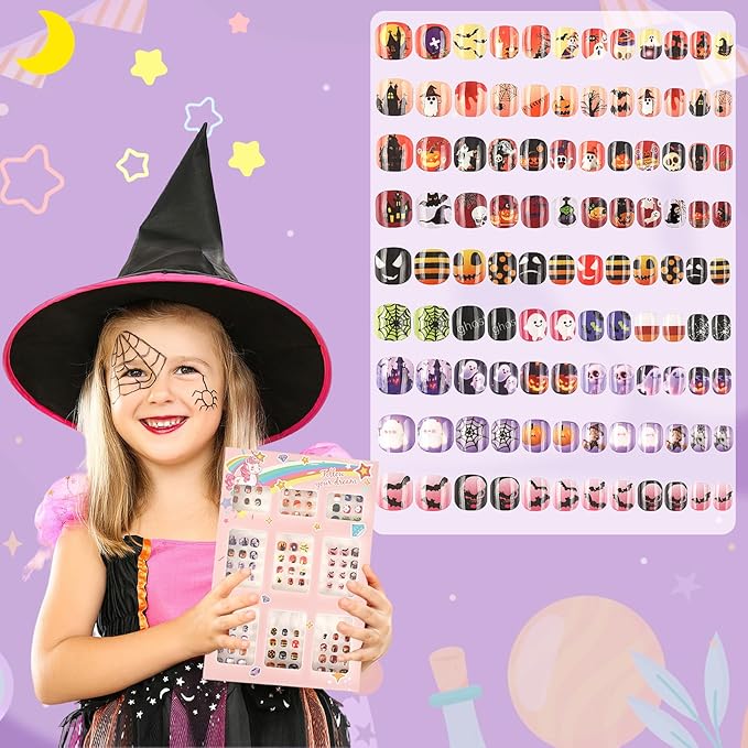 108Pcs Halloween Fake Press on Nails for Kids, Acrylic Full Cover False Press on Nails Girls Stick on Nails for Kids Children Halloween Birthday Party Favors Gift Nail Art Decoration(9 Pack)
