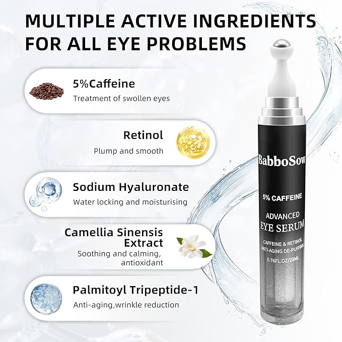 5% Caffeine Eye Serum, Anti-Aging Eye Cream with 360°Massage Roller, Eye Serum for Dark Circles and Puffiness, Reduces Fine Lines and Puffiness Under the Ryes, 20ML, For Men and Women.