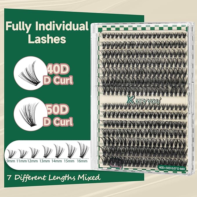 DIY Lash Extension Kit 280pcs Individual Lashes D Curl Eyelash Extension Kit 40D+50D 9-16Mix Natural Lash Clusters with Lash Bond and Seal and Lash Applicator for DIY at Home(KIT-40D50D-0.07D-9-16Mix)