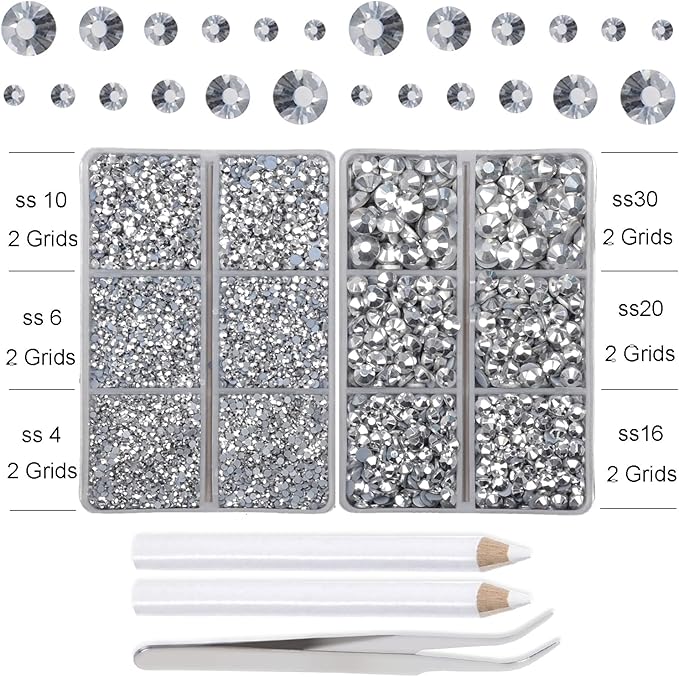 10000Pcs 2-Boxes Mixed Size Hot Fix Round Crystals Gems Glass Stones Hotfix Flat Back Rhinestones with Tweezers and Picking Pencil (Labrador Silver)