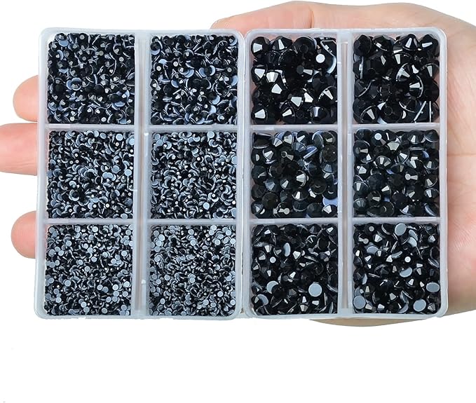 10000Pcs 2-Boxes Mixed Size Hot Fix Round Crystals Gems Glass Stones Hotfix Flat Back Rhinestones with Tweezers and Picking Pencil (Jet Black)