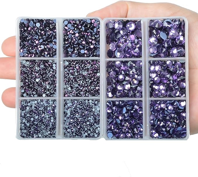 10000Pcs 2-Boxes Mixed Size Hot Fix Round Crystals Gems Glass Stones Hotfix Flat Back Rhinestones with Tweezers and Picking Pencil (Tanzanite)