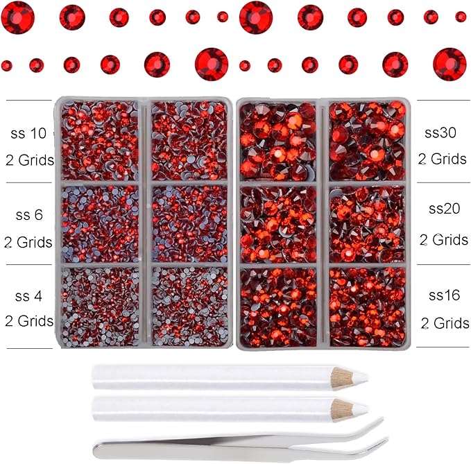 10000Pcs 2-Boxes Mixed Size Hot Fix Round Crystals Gems Glass Stones Hotfix Flat Back Rhinestones with Tweezers and Picking Pencil (Light Siam)