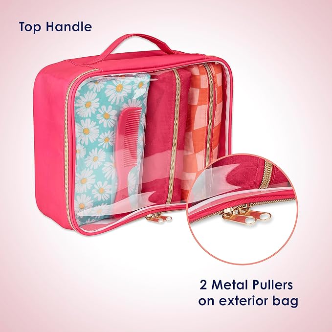 Conair 5 Piece Toiletry and Cosmetic Bag Set Under $30, Includes 4 Makeup Bags and 1 Travel Comb in Pink and Daisy Prints