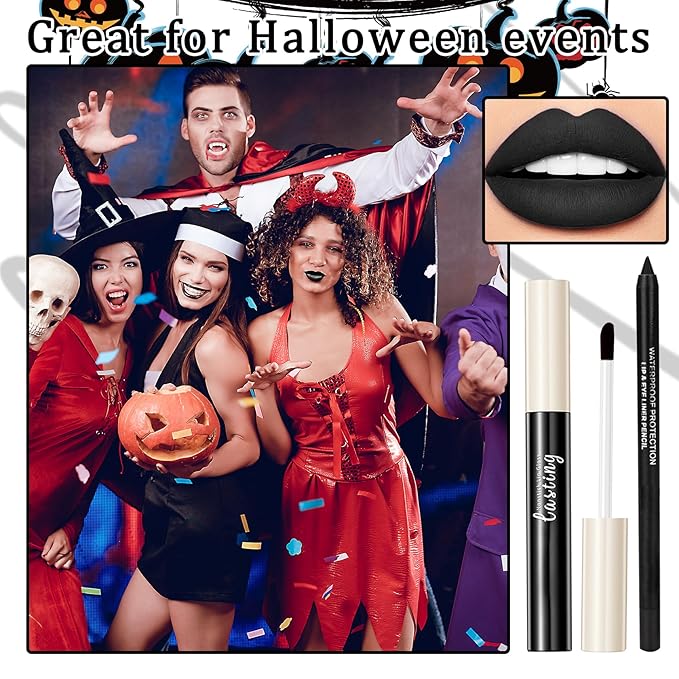 2PCS Matte Black Lip Liner and Lipstick Set, High Pigmented Liquid Lipstick, Long Lasting Waterproof Lipgloss Liner for Goth Christmas Halloween Cosplay Makeup
