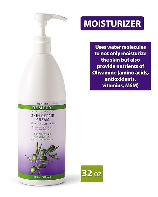 Medline Remedy Skin Repair Cream with Olivamine, 32 oz. bottle, lightly scented, for dry and cracked skin