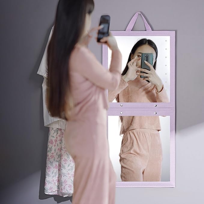 BRÜUN Backstage Hanging Mirror 25" x 11.4" Inches for Dance Bag with Dimmable LED Lights for Focused Glow – A Light-Violet Foldable Mirror for Dancers and Artists with Touch Sensitive Power Button