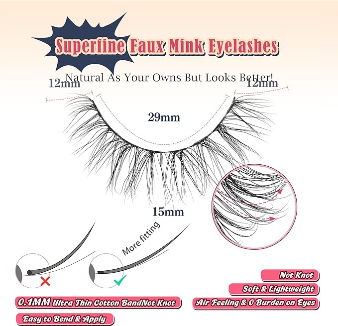 Lashes Natural Wispy Eyelashes 15mm Strip Lashes Pack False Eyelashes 0.1MM Thin Band C Curl Eye Lashes 3D Volume False Eyelashes Siligli Lashes 7 Pair