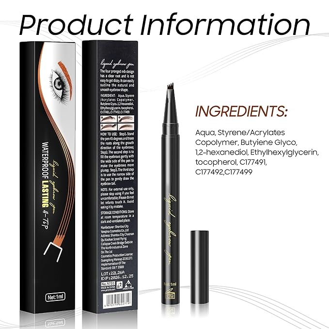 Eyebrow Pencil Eyebrow Microblading Pen - Eye Makeup Brow Pen Liquid Pencil with 4 Micro-Fork Tip, Waterproof & Long-Lasting & Smudge-Proof Brow Pencil, Voluminous Hair Stays on All Day (Dark brown)