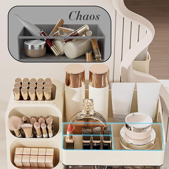 Delamu Makeup Organizer with Drawers for Vanity, Spacious Cosmetic Display Case with Makeup Brush Holder, Perfect Vanity Bathroom Organizer and Storage Solution for Skincare & Beauty Essentials, Beige