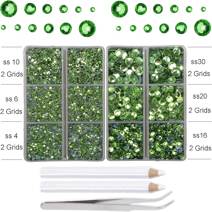 10000Pcs 2-Boxes Mixed Size Hot Fix Round Crystals Gems Glass Stones Hotfix Flat Back Rhinestones with Tweezers and Picking Pencil (Peridot)