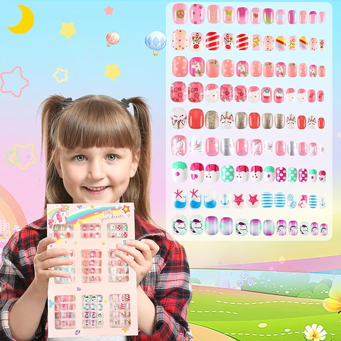 108Pcs Fake Press on Nails for Kids,Acrylic Full Cover False Press on Nails Girls Stick on Nails for Kids Children Birthday Party Favors Gift Nail Art Decoration(9 Pack Cute Style)