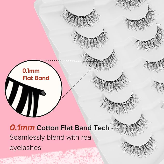 Eyelashes Natural Looking Wispy Lashes 10mm Short Strip Lashes False Eyelashes C Curl Eye Lashes Pack 3D Volume Eyelashes 0.1MM Thin Band Siligli Lashes 7 Pair