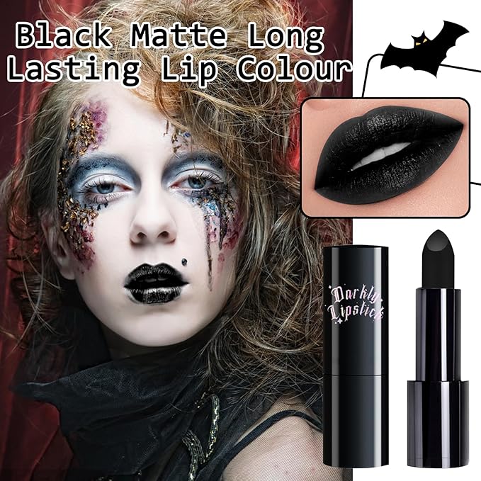 Matte Black Lipstick,Highly Pigmented Non-stick Cup Halloween Black Lip Gloss for Skull Cosplay Goth Skeleton Zombie Clown,Waterproof Long Lasting Eye Black Makeup Stick for Softball Baseball Sports