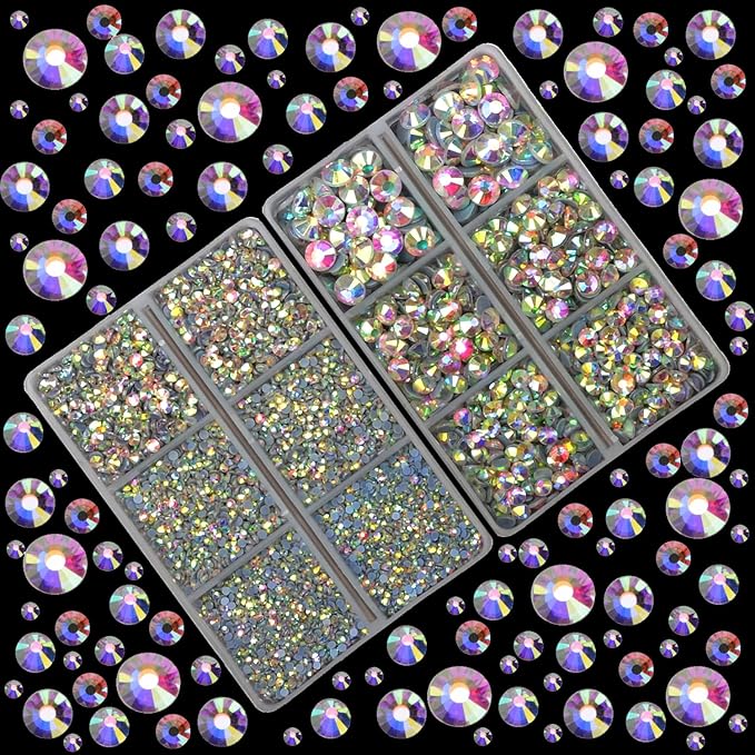 10000Pcs 2-Boxes Mixed Size Hot Fix Round Crystals Gems Glass Stones Hotfix Flat Back Rhinestones with Tweezers and Picking Pencil (Crystal AB)