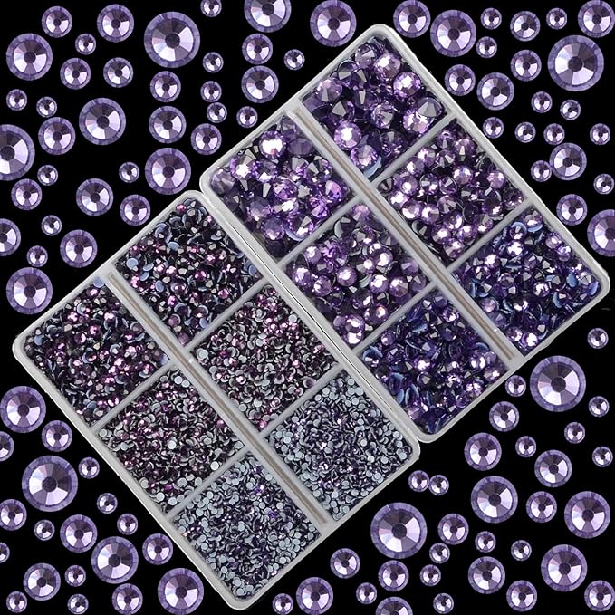10000Pcs 2-Boxes Mixed Size Hot Fix Round Crystals Gems Glass Stones Hotfix Flat Back Rhinestones with Tweezers and Picking Pencil (Tanzanite)